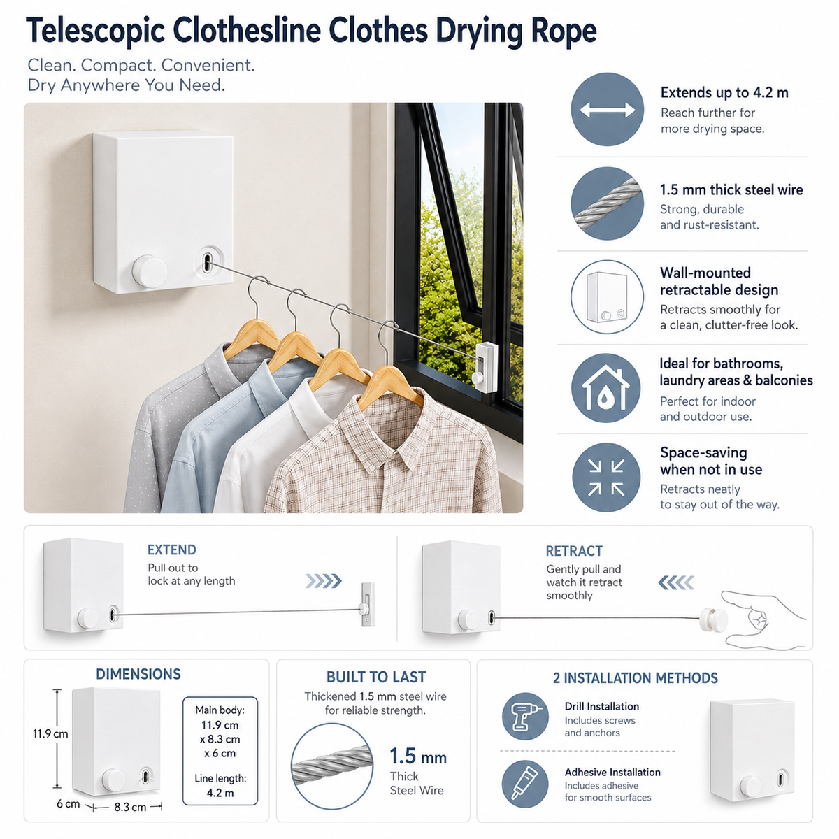 Telescopic Clothesline Clothes Drying Rope