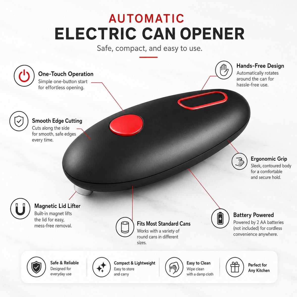 One-Touch Electric Can Opener – Automatic Hands-Free Can Opener, Black & Red
