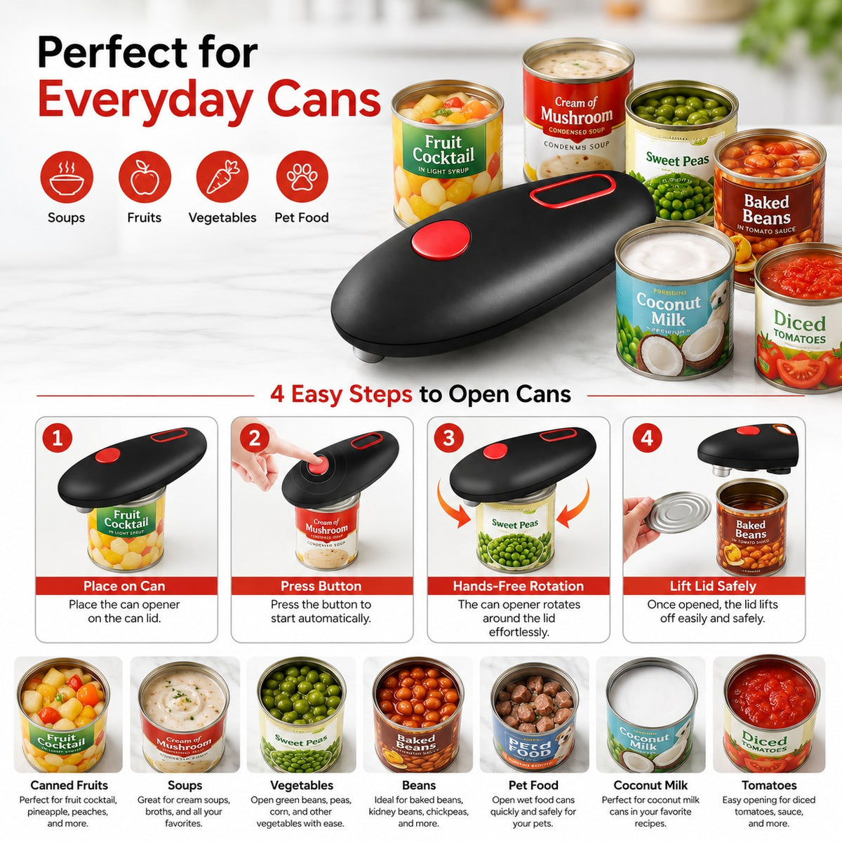 One-Touch Electric Can Opener – Automatic Hands-Free Can Opener, Black & Red